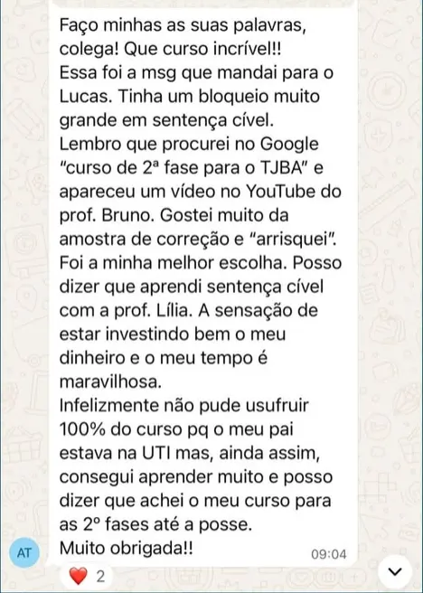 Mensagem de aluna relatando ter superado o bloqueio em sentença cível