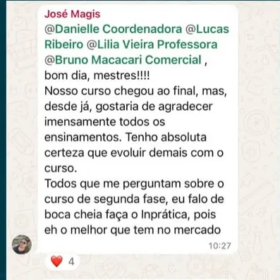 Mensagem de aluno recomendando o Inprática para a 2ª fase